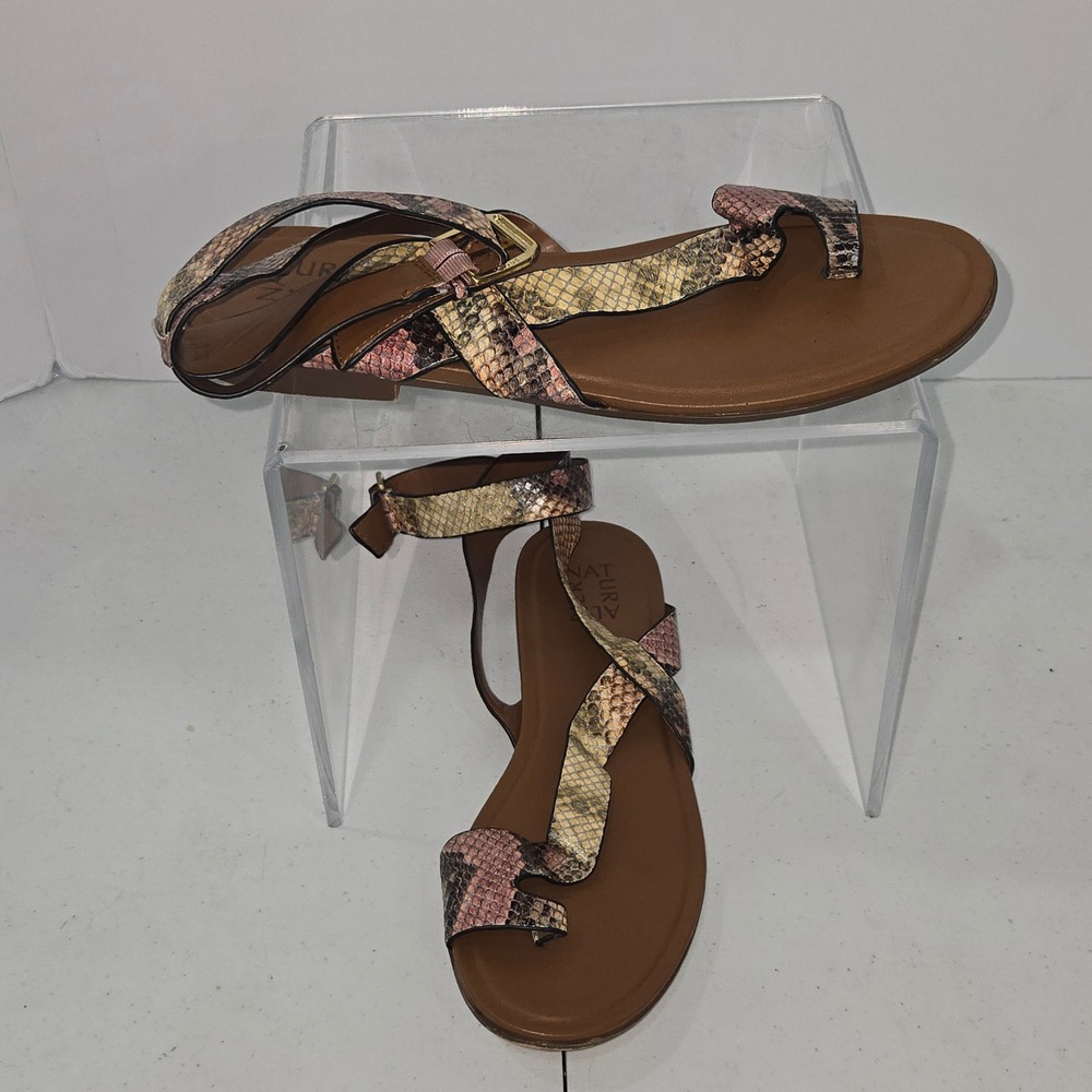 Naturalizer Womens 8.5 Pink Snake Print Strappy Flat Sandals Lily AC642
